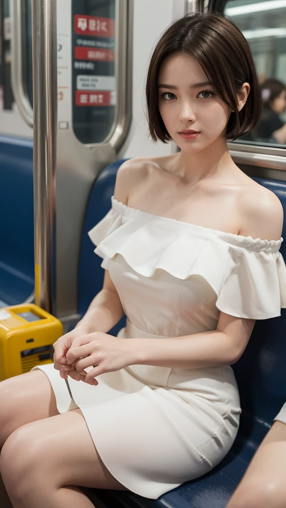 masterpiece, Highest quality, High resolution, Very detailed, Detailed Background, 1 Girl, Looking at the audience, Sitting on the subway, Inside the train, Strike a Pose, short hair, White off-the-shoulder dress, skirt, transparent, Happy,