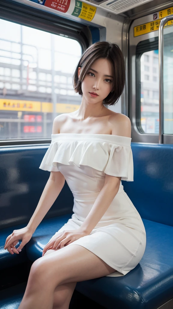 masterpiece, Highest quality, High resolution, Very detailed, Detailed Background, 1 Girl, Looking at the audience, Sitting on the subway, Inside the train, Strike a Pose, short hair, White off-the-shoulder dress, skirt, transparent, Happy,