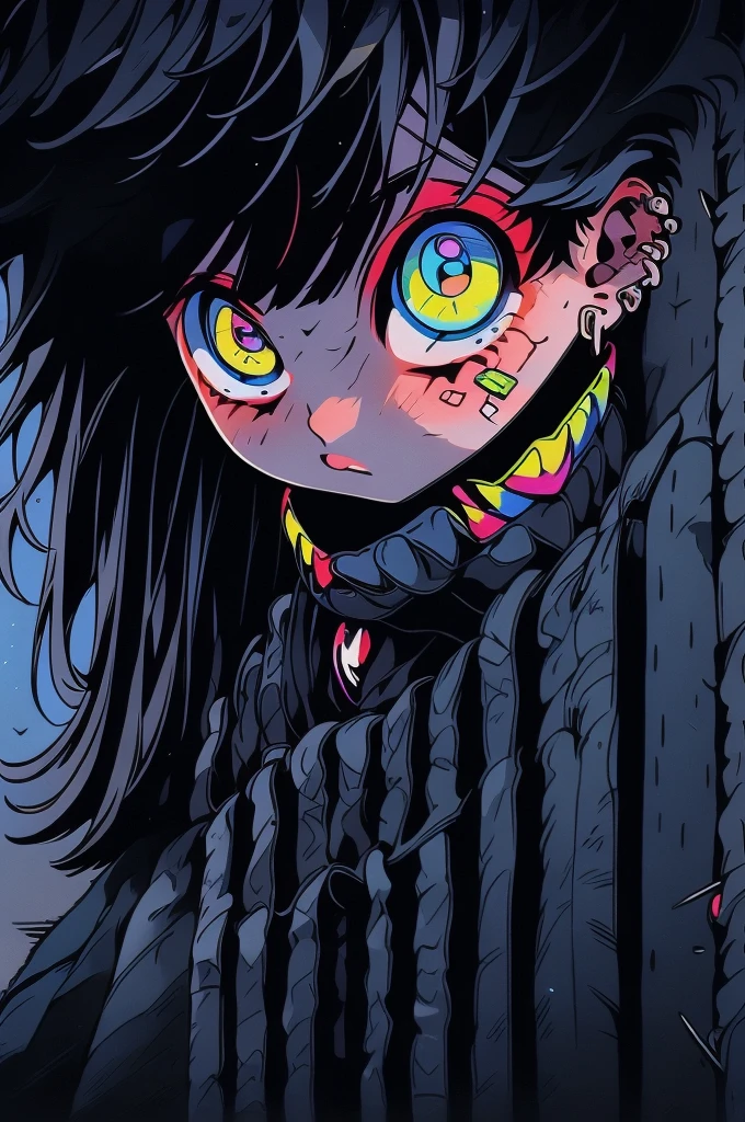 1chico, long black hair, heterochromia, a blue eye, a yellow eye, moreno