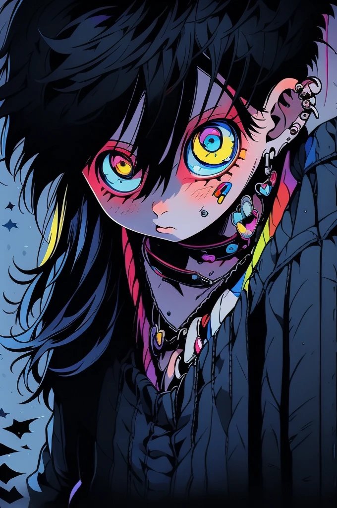 1chico, long black hair, heterochromia, a blue eye, a yellow eye, moreno