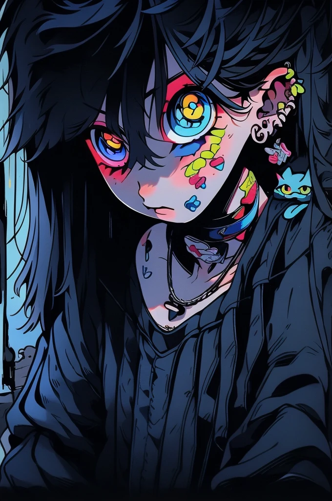 1chico, long black hair, heterochromia, a blue eye, a yellow eye, moreno