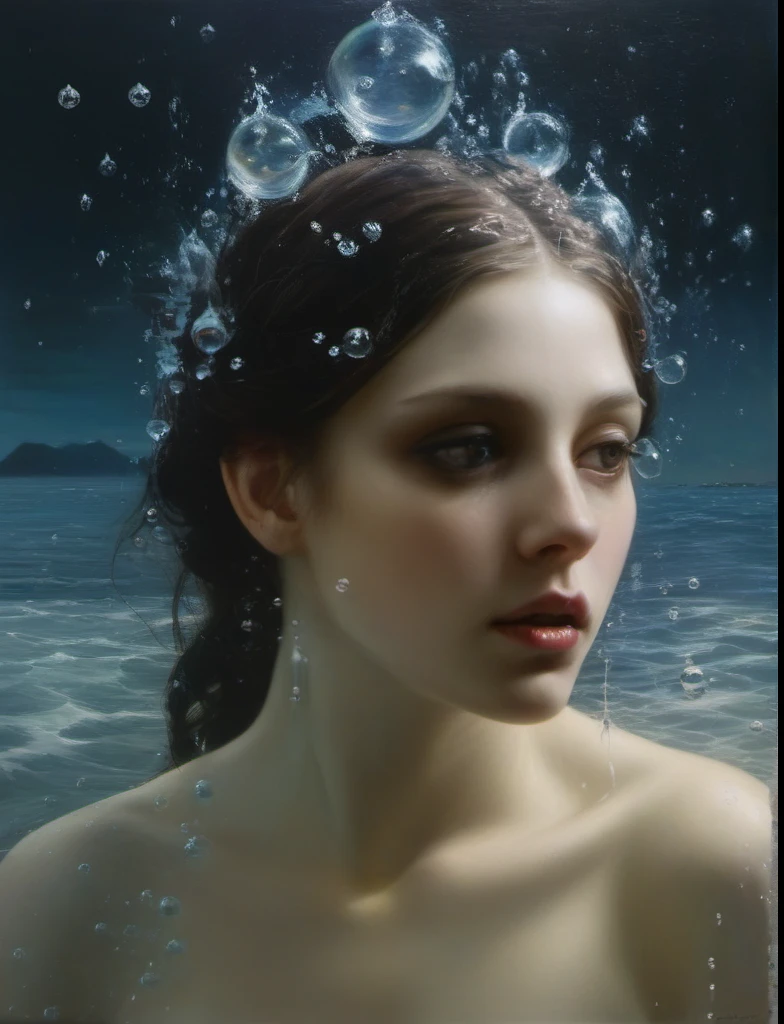 James Gurney, Surrealist art , dream-like, mysterious, Provocative, symbolic, Complex, detailed,, (Gothic but very beautiful:1.4), (masterpiece, Highest quality:1.4) , Nicola Samori Style, siren 、Water bubbles、Underwater、unicorn、Young and beautiful woman