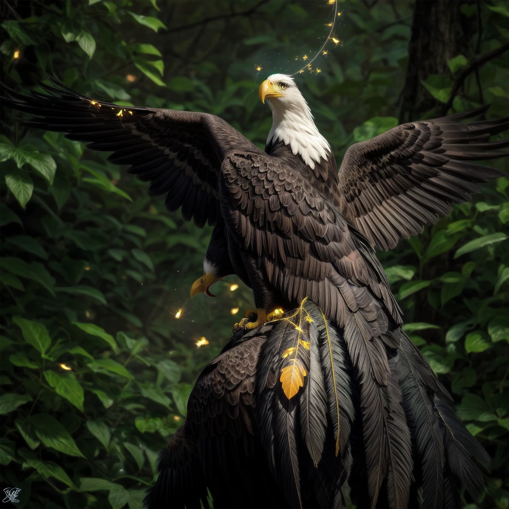 Beautiful bald eagle tattoo with fireflies in an enchanted forest location
