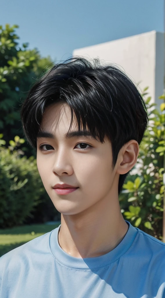(As a matter of fact, Masterpiece, 8k HD, good light quality, sportswear, fit the face, complicated details), Handsome Korean young man, 20 years old, be happy, smile brightly, detailed face, delicate eyes, มองดูsky, Wear casual clothes, period, black eyes, Black hair color, ผมsmooth, smooth, outdoor sports, Along the garden, Sunny,sky,Surreal,Awesome details,Highest quality,real,