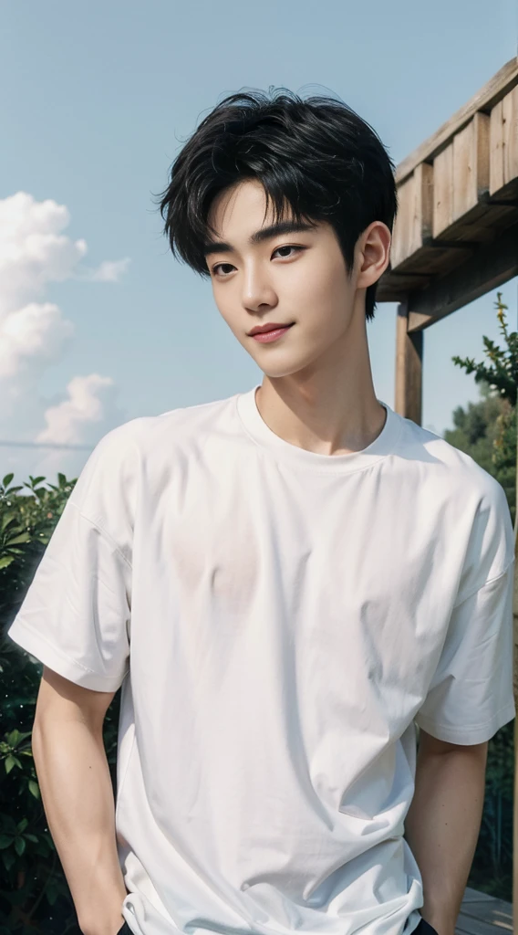 (As a matter of fact, Masterpiece, 8k HD, good light quality, sportswear, fit the face, complicated details), Handsome Korean young man, 20 years old, be happy, smile brightly, detailed face, delicate eyes, มองดูsky, Wear casual clothes, period, black eyes, Black hair color, ผมsmooth, smooth, outdoor sports, Along the garden, Sunny,sky,Surreal,Awesome details,Highest quality,real,