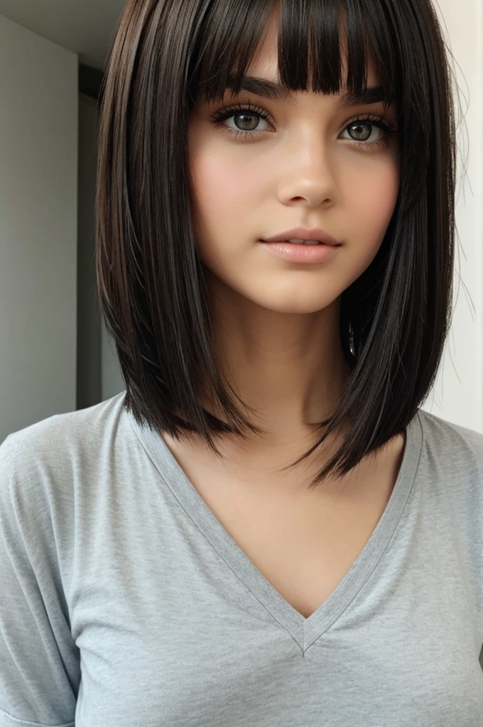 brunette girl, black eyes, short and straight hair