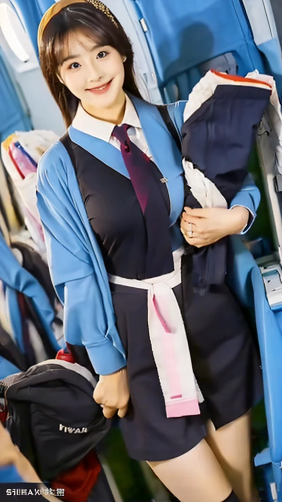 top-quality, masterpiece, 8K, 超A high resolution, (Photorealsitic:1.4), Korean beauty 1girl in、Beautiful face、symmetrical eye、Colossal 、Perfect body proportion、Stewardess uniform、Huge breasts,Cleavage,Look at viewers、(Inside the plane:1.2)、front-facing view、Shoulder、Absolute area(1.3)、A smile erotic school uniform ((Amazing ultra-short ultra-micro mini skirt)) ((The shortest ultimate micro mini skirt:1.3)) ((Micro mini skirt for sex))(Colossal tits) (((Stewardess inviting to SEX:1.3)))((Roll up your skirt and show me your panties))((Stewardess for SEX:1.3)) ((No panties))