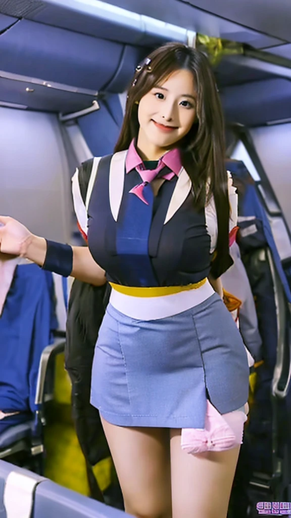 top-quality, masterpiece, 8K, 超A high resolution, (Photorealsitic:1.4), Korean beauty 1girl in、Beautiful face、symmetrical eye、Colossal 、Perfect body proportion、Stewardess uniform、Huge breasts,Cleavage,Look at viewers、(Inside the plane:1.2)、front-facing view、Shoulder、Absolute area(1.3)、A smile erotic school uniform ((Amazing ultra-short ultra-micro mini skirt)) ((The shortest ultimate micro mini skirt:1.3)) ((Micro mini skirt for sex))(Colossal tits) (((Stewardess inviting to SEX:1.3)))((Roll up your skirt and show me your panties))((Stewardess for SEX:1.3)) ((No panties))