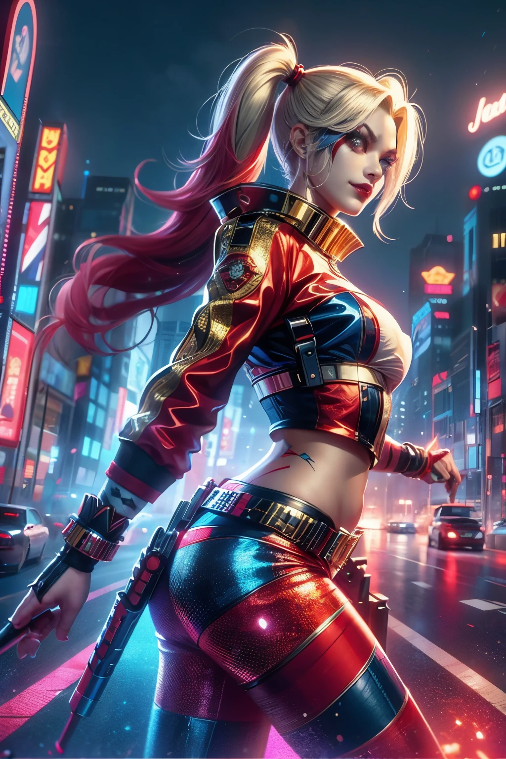 kinematics, foreground(high quality), (Masterpiece), (detailed), 8K in a hyper-realistic digital representation, A lone (japanese girl1.2) It is located in the middle of a futuristic urban landscape, embodying the essence of (harley quinn1.3). Her vibrant outfit clashes with the elegant, metallic environment, evoking a sense of rebellious energy. trend on DeviantArt.