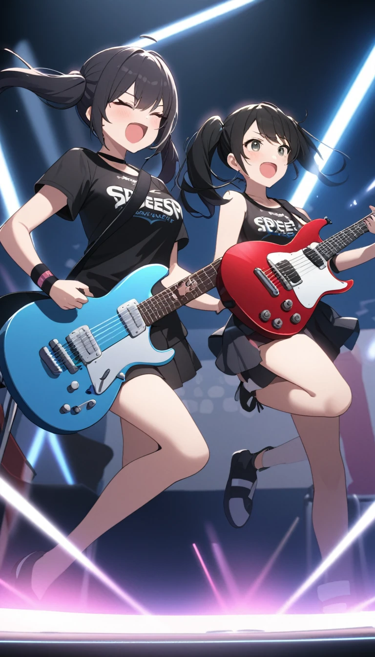Girl rock band duo、Two Girls、Electric guitar、base、Black hair twin tails、baseボールキャップ。baseボールシャツ、sing、play、rhythm、beat、refreshing、Speed、live house、illumination、