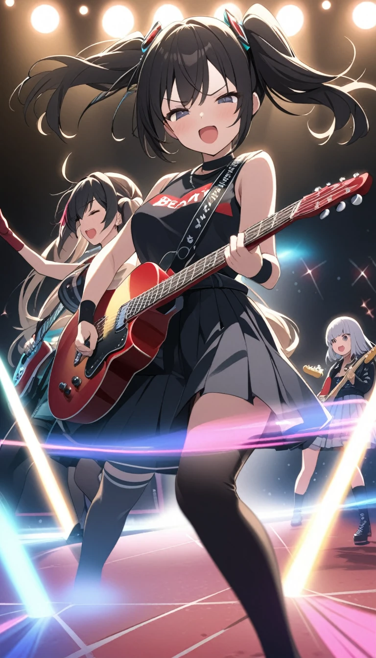 Girl rock band duo、Two Girls、Electric guitar、base、Black hair twin tails、baseボールキャップ。baseボールシャツ、sing、play、rhythm、beat、refreshing、Speed、live house、illumination、
