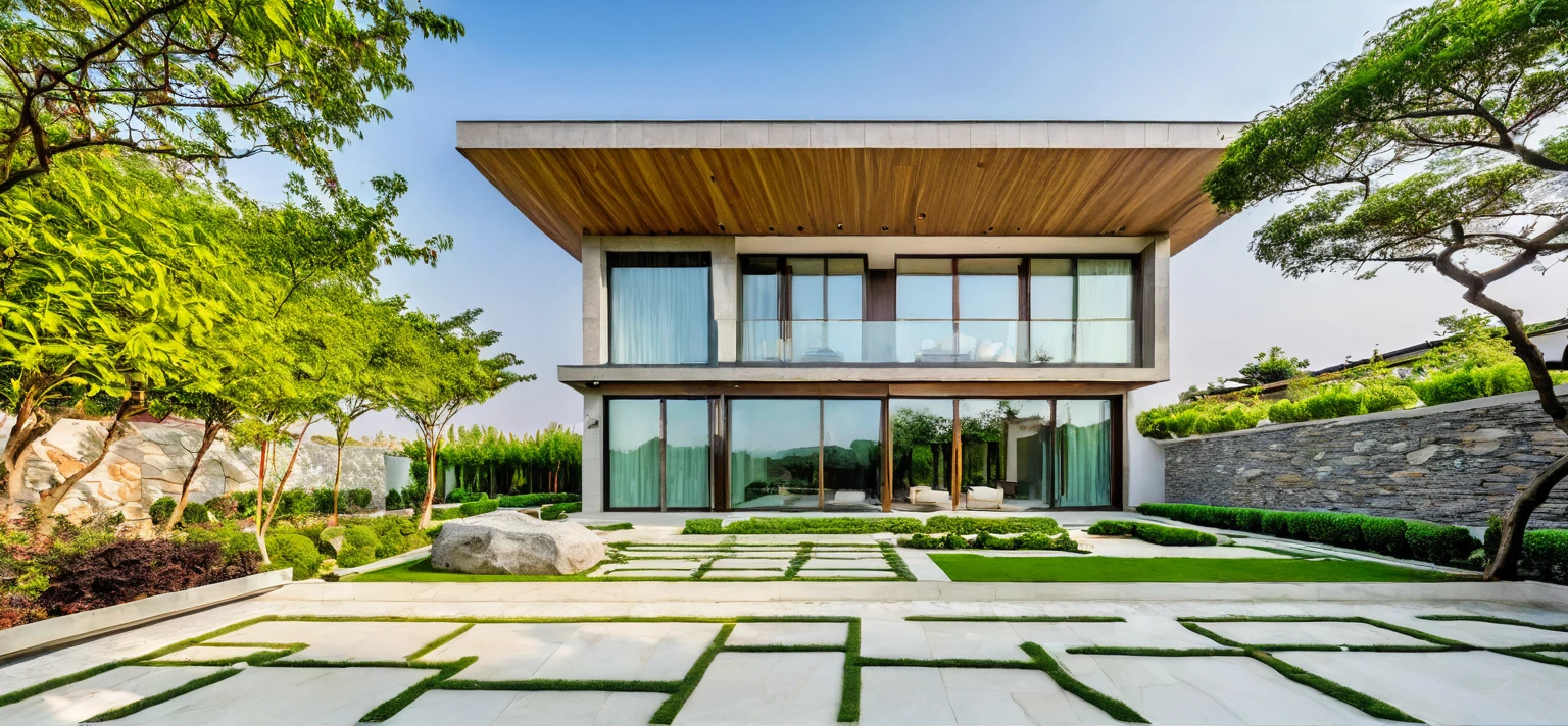 qlcd,tingyuan, photo of modern villa, grassland, garden, shrubs and trees, rock decoration, clear sky, sun light, realistic photo