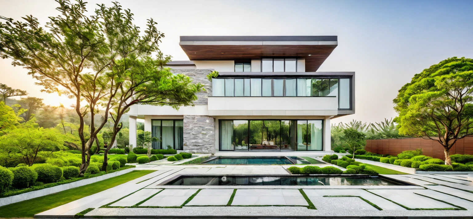 qlcd,tingyuan, photo of modern villa, grassland, garden, shrubs and trees, rock decoration, clear sky, sun light, realistic photo