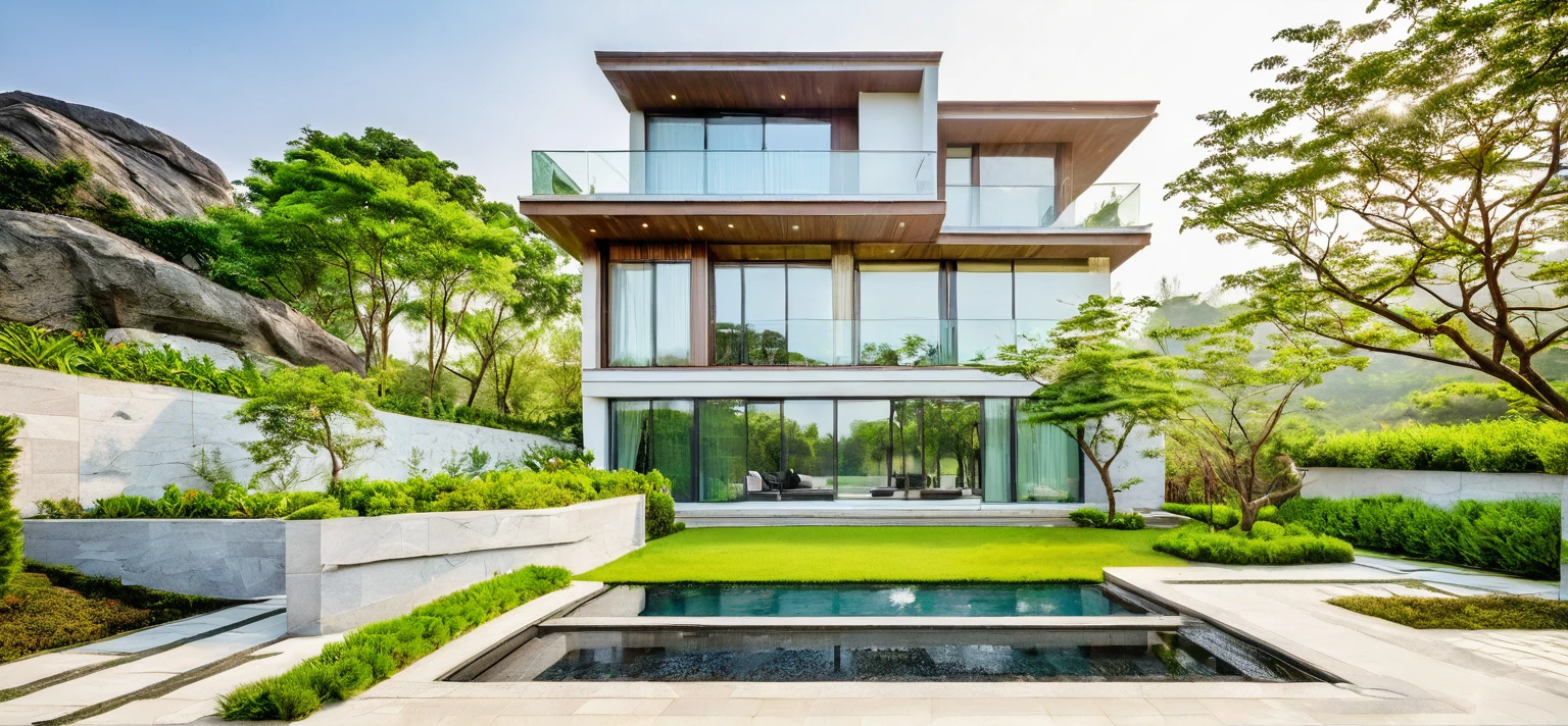 qlcd,tingyuan, photo of modern villa, grassland, garden, shrubs and trees, rock decoration, clear sky, sun light, realistic photo