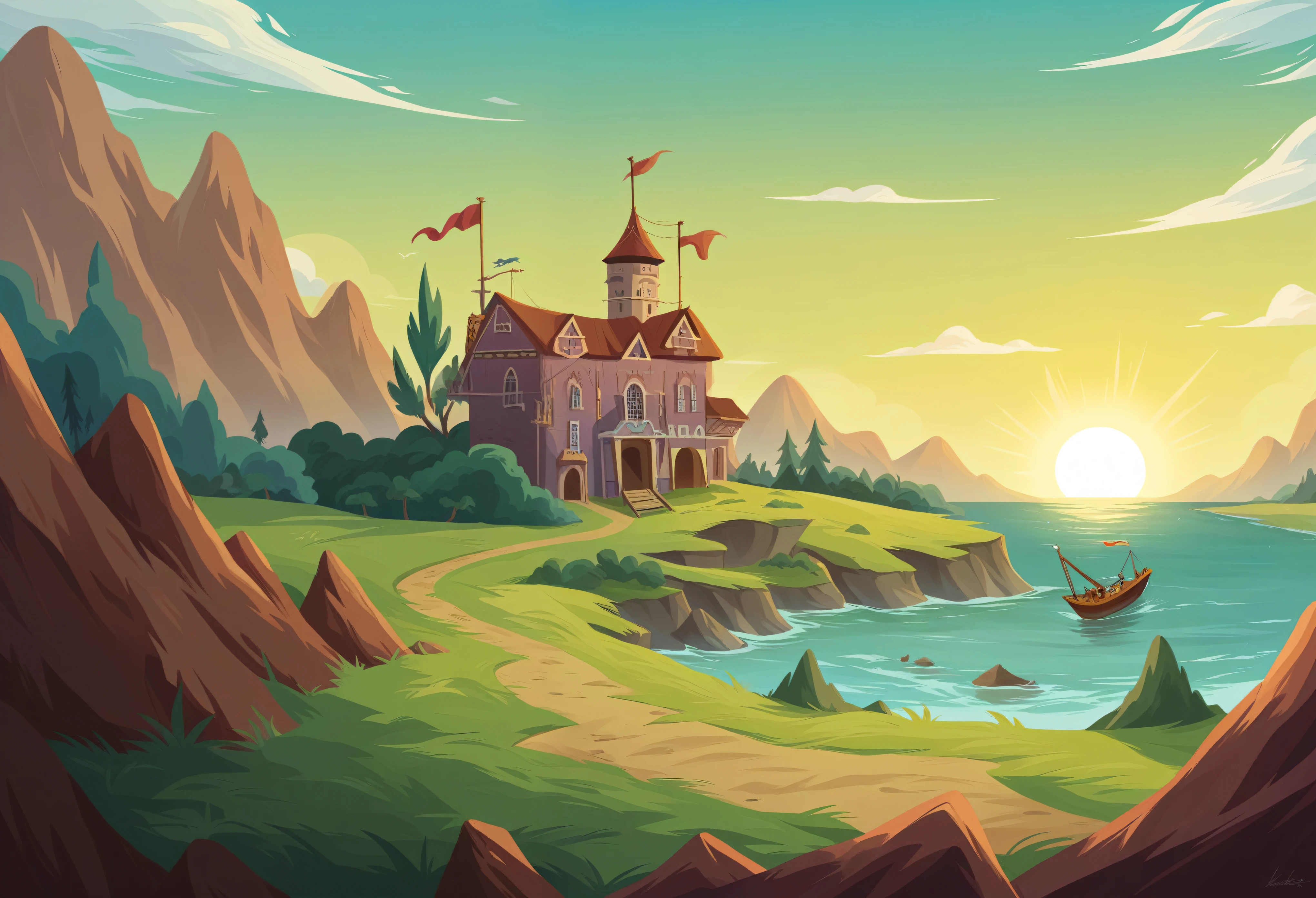 Ships and people々A beautiful painting of a sunset landscape, Thomas Kinckade, Thomas Kinkade CFG _ Scale 9, 4K Matt Thomas Kinkade, Golden Hour Complex, Thomas Kinkade CFG _ Scale 8, Puzzle Art, Clifftop town, Inspired by Thomas Kinkade, The most beautiful sunset, 8K Highly Detailed Art, Very beautiful