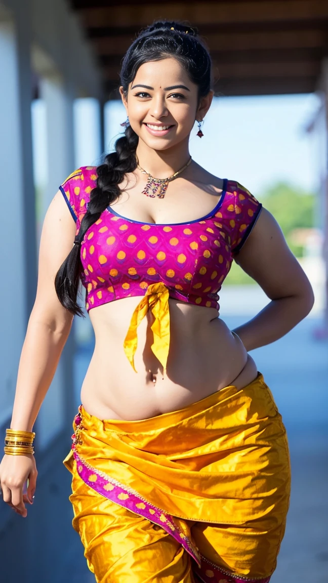 HD wallpaper 32k cinematic shoot of a Beautiful cute Rashmika Mandanna, with thick thighs and a curvy waist, twin braids, wearing an Indian blouse top, horny, seductively, in a school corridor, dotted blouse top, smiling, ((long curvy waist)), ((lowwaist)), ((curvy waist))