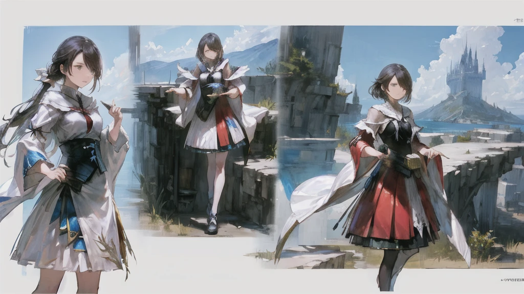 Concept Art, beautiful, masterpiece, best quality, Kazuya Takahashi, White background,  charturnerv2, The girl in the magic robe changes her role, Multiple views of the same character wearing the same outfit