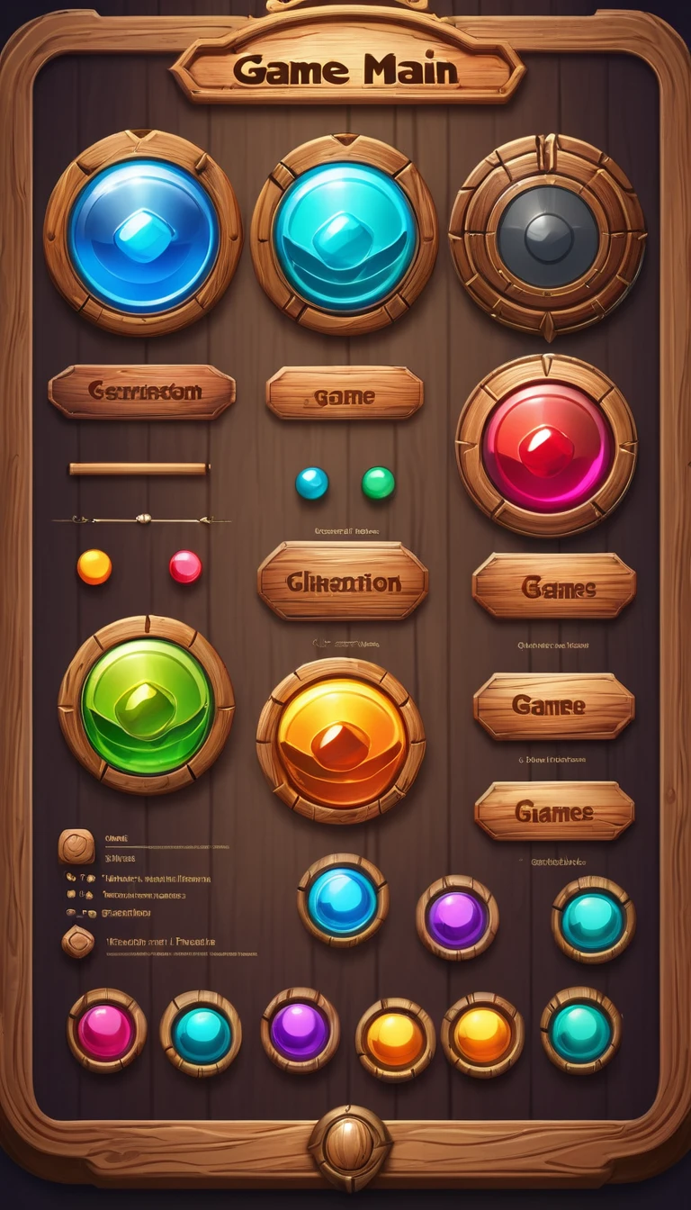 game Main Menu that board selection is in the Middle and buttons on the Top and Bottom,UI design,UI elements,(wooden UI elements: 2),wooden Game MainMenu,game main menu,wooden buttons and panels,pinterest,stylized,GUI design,64k,artstation hq,user interface design,game GUI,game menu,ultra detailed,game art,2d game art,Tyler Edlin,Hue Teo,julie bell