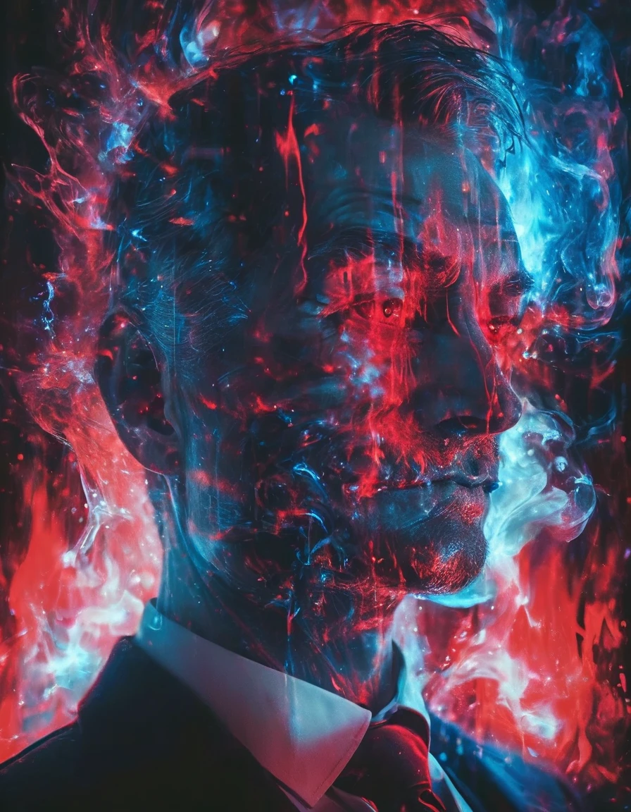 Red and blue lights intersect with each other, a gentleman with a monster face drinks red wine elegantly, the gentleman's face is digitally blurred, glitch art,