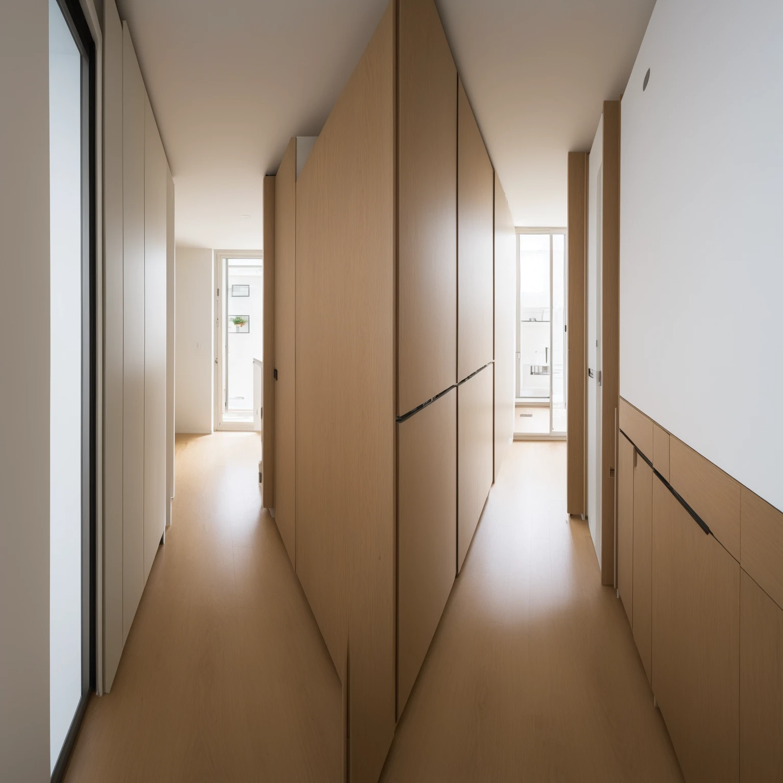 Create an image of a modern, compact home interior featuring. The hallway leads to a bright, naturally lit room visible through a door at the end. On the left side, there's a white washing machine next to a tall, slim cabinet, both against a textured white wall. On the right side, the hallway opens slightly into a kitchen area with visible counter space and dark kitchen appliances. The floor is covered with light wood laminate that extends throughout the space. The overall atmosphere should be clean, minimalistic, and well-lit, typical of a small, efficient apartment