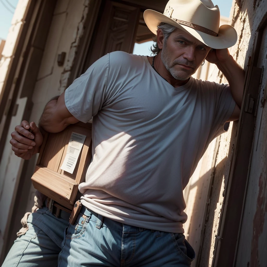 Close-up A dramatic and visually stunning realistic photo with vibrant colors, depicting a man, 40 years old, gray hair, very strong, blue eyes, looking att the camera, wearing a COUNTRY outfit with cowboy hat. The man poses with his hand on his waist looking at a scoreboard. The man's face is filled with intense determination as he checks the result of his performance. The illustration has a cinematic quality, with deep contrasts of light and shadow, and a sense of grandeur and wonder, painting, cinematic, illustration