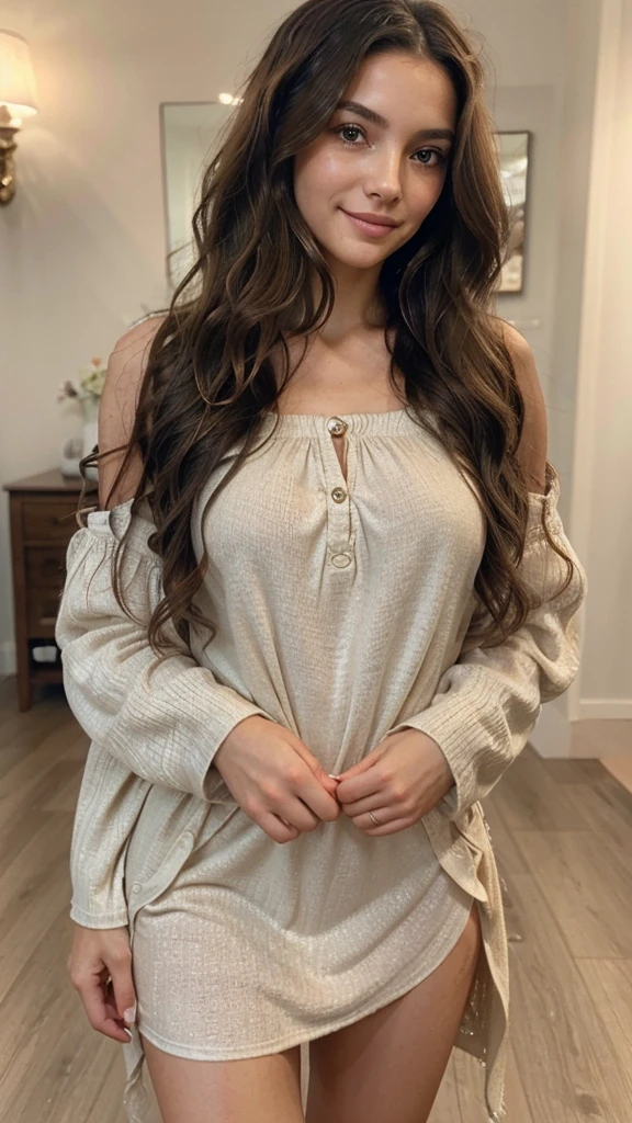 Photorealistic, ultra-detailed, Brunette woman with long wavy hair (cascading over her shoulders), Fashionable clothes, Natural makeup, Subtle smile, Warm, blurred background, Soft, glowing light, Casual yet polished look, Friendly and approachable demeanor This image showcases a beautiful brunette woman, captivatingly depicted with long, wavy locks that cascade gracefully over her shoulders. she's intimately engaged in taking a selfie, reflecting her fashionable attire and natural makeup. Her appearance exudes a calm, subtle charm, with a gentle smile playing on her lips