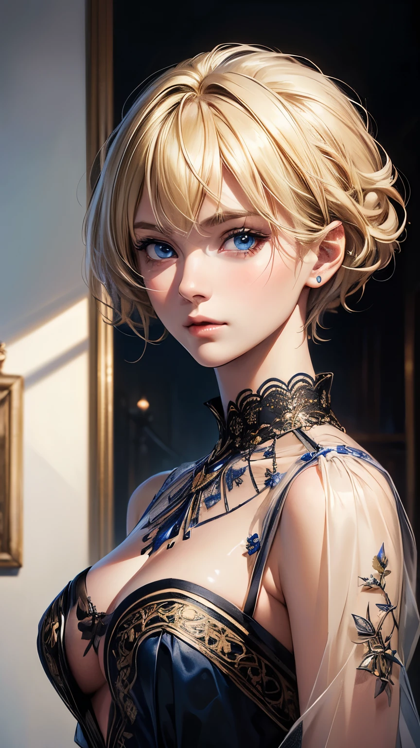 (masterpiece: 1.2, Highest quality), Realistic, (Realistic Picture, Intricate details, Depth of written boundary), Highest quality, masterpiece, Very detailed, Semi Realistic, 1 Girl, Mature Woman, 21 years old, Blonde, shoulder-length short hair,, The left eye is covered with hair, blue eyes, King&#39;s Clothes, Red Cape, Slim figure, A crown made of precious gold, Read the document, Document marking, Goose hair pen, Office Table, Soft bench, palace, palaceで, middle ages