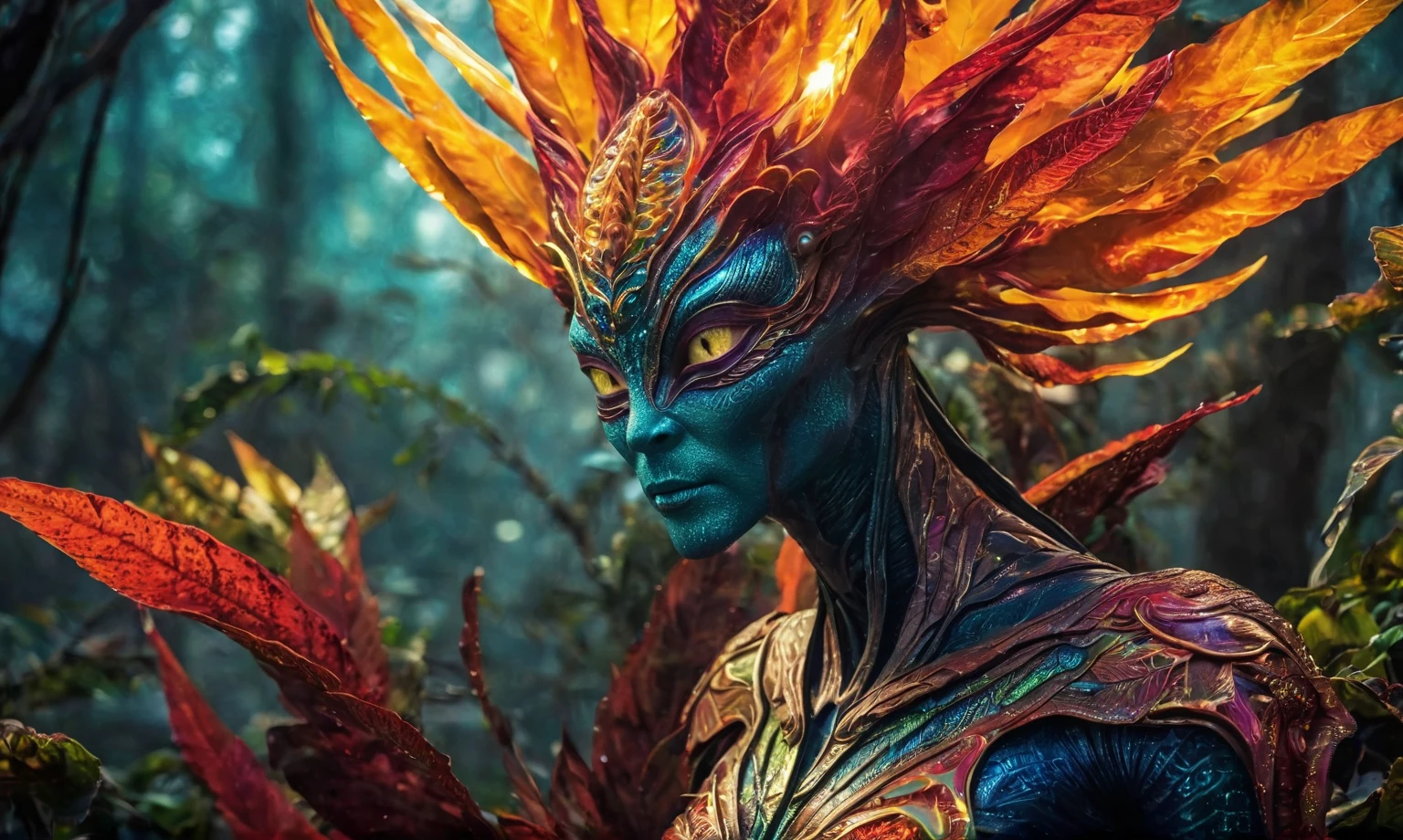 (best quality,4k,highres,masterpiece:1.2),ultra-detailed,realistic,portrait,alien,fire magic plant,unbelievable eyes,fantasy creature,glowing colors,luminous plant,extraterrestrial,flame-like leaves,surreal landscape,eerie atmosphere,otherworldly beauty,ethereal glow,unique species,magical powers,mysterious entity,dreamlike scene,fantastic species,enchanted forest,unearthly presence,mesmerizing gaze,unconventional appearance,radiant energy,powerful aura,magical essence,cosmic being,other-dimensional,mythical plant,unexplained phenomenon,colorful blooms,unleashing power,darkness and light,hidden secrets,unveiling mysteries,secrets of the universe,living masterpiece,manifestation of magic,Mestichino,Light particles,marble leather ,ink photography
