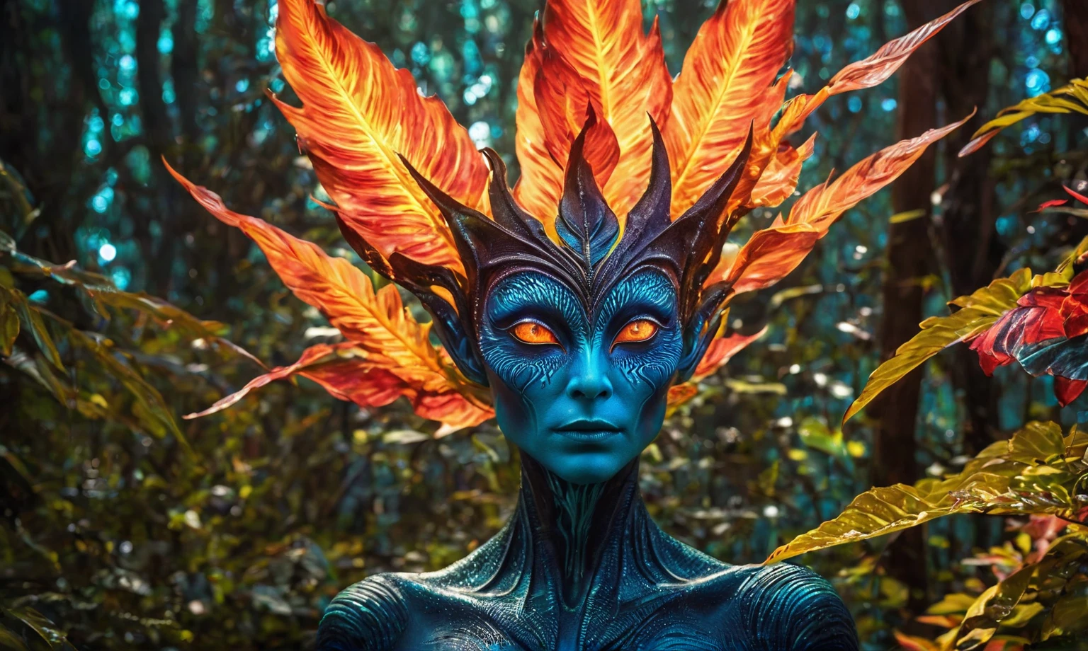 (best quality,4k,highres,masterpiece:1.2),ultra-detailed,realistic,portrait,alien,fire magic plant,unbelievable eyes,fantasy creature,glowing colors,luminous plant,extraterrestrial,flame-like leaves,surreal landscape,eerie atmosphere,otherworldly beauty,ethereal glow,unique species,magical powers,mysterious entity,dreamlike scene,fantastic species,enchanted forest,unearthly presence,mesmerizing gaze,unconventional appearance,radiant energy,powerful aura,magical essence,cosmic being,other-dimensional,mythical plant,unexplained phenomenon,colorful blooms,unleashing power,darkness and light,hidden secrets,unveiling mysteries,secrets of the universe,living masterpiece,manifestation of magic,Mestichino,Light particles,marble leather ,ink photography