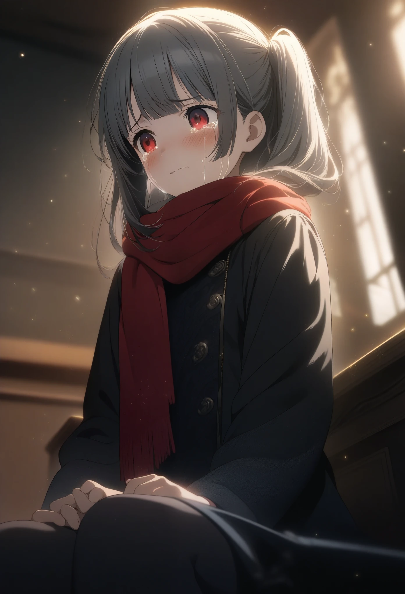 1girl tsuruse, official art, sitting, crying, tears streaming, black coat, red scarf, black hair, side_ponytail, red eyes, (very aesthetic, best quality, ultra detailed), intricate details, highres, indoors, light particles, close-up, blurry background,, low angle, cinematic angle, cowboy shot, emotional, delicate features
