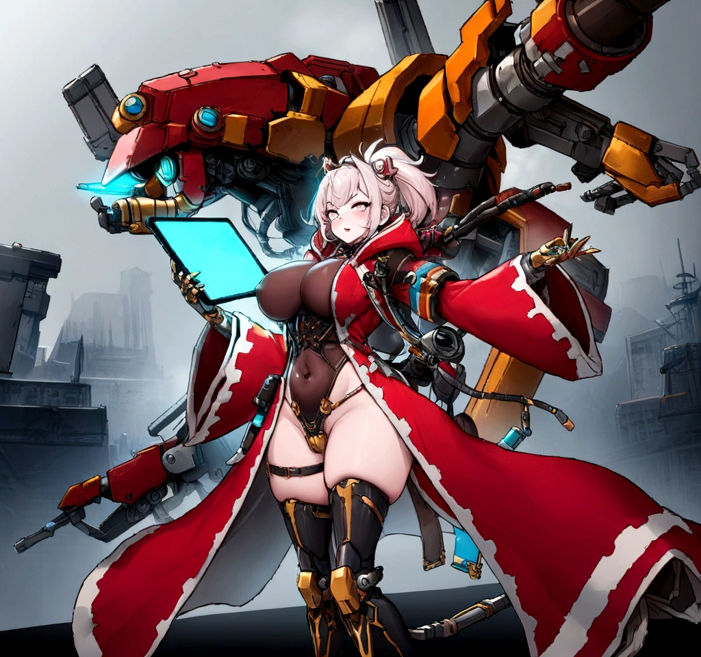 very big tits ((Masterpiece, The best quality)), illustration, 8K ultra detailed, realist, clear focus, Very detailed, Professional lighting, colorful details, Rainbow color break, high rise factory, large mechanical robot structure, tablet, computer, ((glow)), intricate details, shitu-mecha, 1 girl, mecha, belly button, color image, (cyberpunk), (redder hair: 1.2) big tits very sexy very big tits extremely big tits big cameltoe cameltoe cameltoe big cameltoe big,yellow red hair,Yellow hair, ((techpriest)), mechanical arms, obtained mechanic, Big fully naked. ((washed up red flowing modest ornate hooded technopriest dress, Dirty (red robes with oil stain)))
