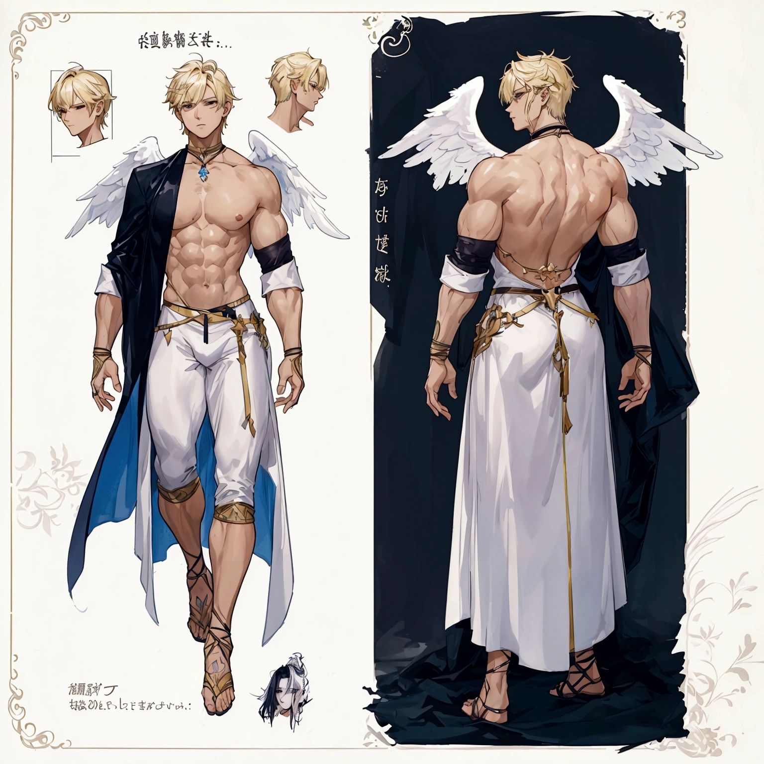 (Masterpiece, best quality), detailed, 1 man, ((character concept art)), ((character design sheet, same character, front, side, back)), full body, body complete, 1 Male angel, 1 Man angel, Detailed face, character design sheet,full bodyesbian, Highly detailed, character sheet, character design, Many parts, dark skin, angel wings, short blonde hair, angel outfit, muscle male god, male clothes, masculine, muscle man, male muscle, manly, male angel, Muscle male with short blonde hair,beautiful man, beautiful muscle man