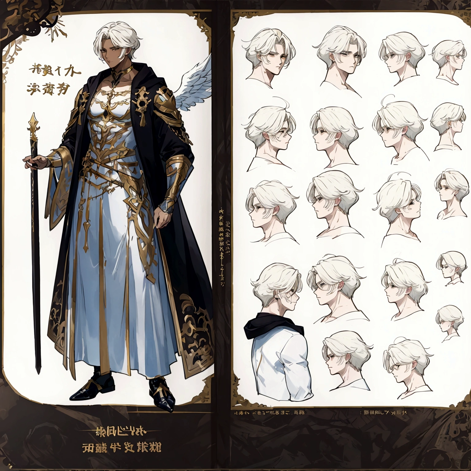 (Masterpiece, best quality), detailed, 1 man, ((character concept art)), ((character design sheet, same character, front, side, back)), full body, body complete, 1 Male angel, 1 Man angel, Detailed face, character design sheet,full bodyesbian, Highly detailed, character sheet, character design, Many parts, dark skin, angel wings, short blonde hair, angel outfit, muscle male god, male clothes, masculine, muscle man, male muscle, manly, male angel, Muscle male with short blonde hair,beautiful man, beautiful muscle man