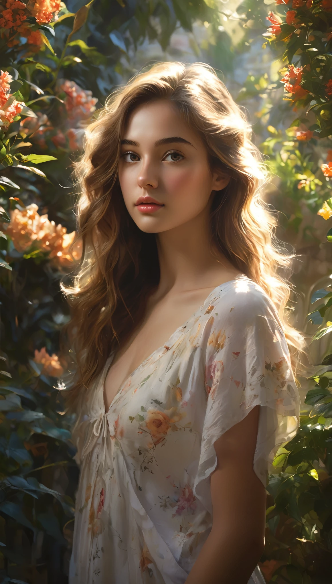 (best quality, highres, ultra-detailed, realistic:1.37), a half Italian girl with breathtaking beauty under the dappled sunlight, a nude art piece in the style of oil painting, depicted with stunning realism and intricate details. The girl has porcelain-like skin, radiant with a soft glow. Her mesmerizing eyes are filled with depth and emotion, enhanced with long, dark lashes. Her full, luscious lips are delicately painted with a hint of natural color. Long, flowing locks of hair cascade down her back, catching the gentle rays of sunlight.
The girl stands gracefully in a picturesque garden, surrounded by vibrant flowers and lush green foliage. The warm golden sunlight filters through the branches, casting enchanting shadows on her flawless form. The scene exudes a sense of tranquility and serenity, as if time has momentarily stood still.
The textures of the flowers and leaves are rendered with rich colors and intricate details, bringing them to life on the canvas. The overall composition showcases a harmonious balance between light and shadow, accentuating the girl's ethereal beauty.
The color palette of the painting is dominated by warm tones, with hints of soft pastels to add a touch of whimsy. The sunlight bathes the scene in a warm, golden glow, illuminating the girl's fair complexion and casting a soft, romantic atmosphere.
The lighting in the artwork is carefully crafted, emphasizing the natural play of light and shadow. The subtle interplay of highlights and shadows enhances the depth and dimensionality of the girl's figure, adding a sense of realism to the painting. The soft, diffused light further enhances the dreamlike quality of the scene, creating a magical and captivating ambiance.
The resulting artwork is a masterpiece of beauty and artistry, capturing the essence of a girl's innocence and vulnerability in a mesmerizing and timeless, (NSFW:1.2)
