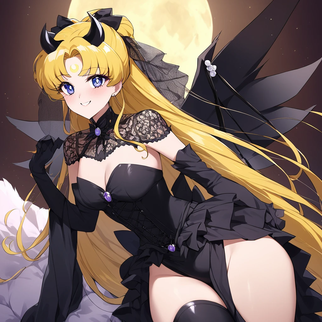((Highest quality)), ((masterpiece)), (detailed), （Perfect Face）、The woman is the dark queen, the demon queen, Princess Serenity, and the woman is the jet black, sexy demon princess, Serenity.、The woman is a jet-black female demon with magnificent devil horns, jet-black devil wings, and a jet-black tail. Her skin is jet-black, and she has a black inverted crescent moon mark on her forehead. She is a devil bride wearing a gorgeous black Gothic Victorian wedding dress and a black wedding veil. She is the jet-black demon Princess Serenity, and has blonde hair with a happy expression as she looks at the camera.２The expression of a girl in love with her long hair tied up、She is Princess Serenity、Punishment pose on behalf of the moon