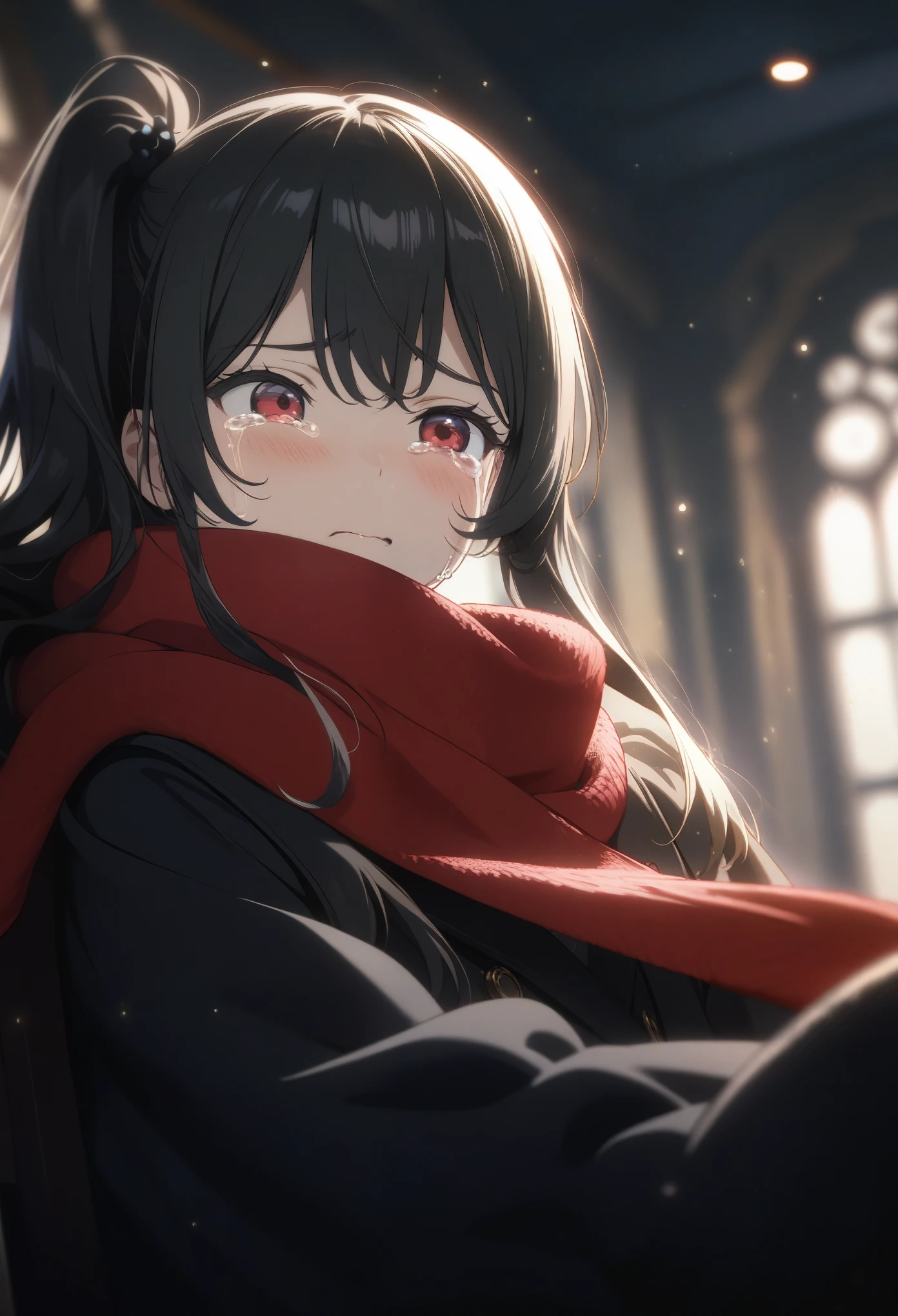 1girl ebifurya, official art, sitting, crying, tears streaming, black coat, red scarf, black hair, side_ponytail, red eyes, (very aesthetic, best quality, ultra detailed), intricate details, highres, indoors, light particles, close-up, blurry background,, low angle, cinematic angle, cowboy shot, emotional, delicate features
