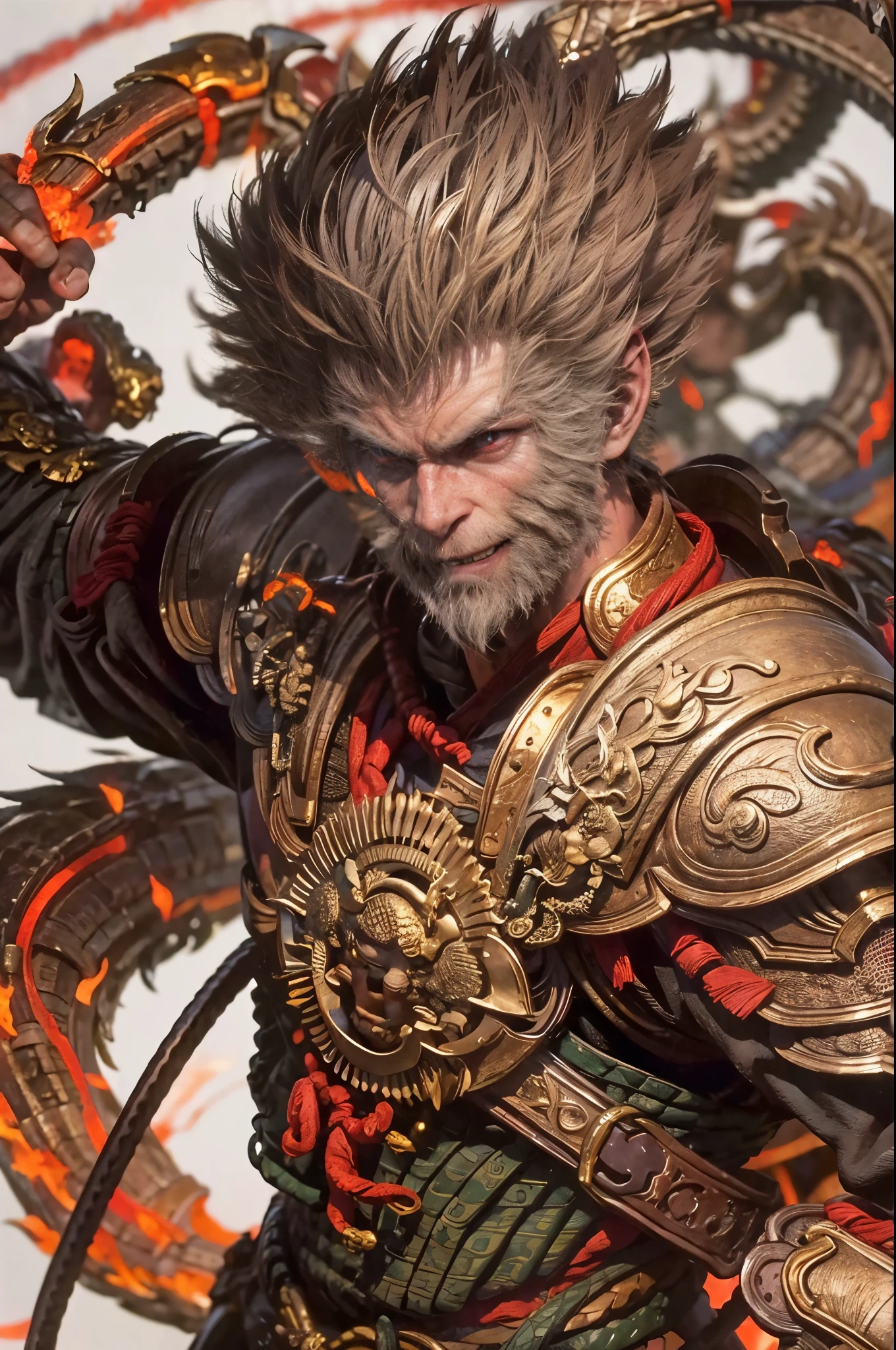 sun wukong,1 person, Fighting Stance, short hair,best quality, masterpiece,Intricate details,strong, Wearing Chinese armor,cloak,Hold a golden hoop rod in your hand,Red glowing eyes, Grinning expression, whole body