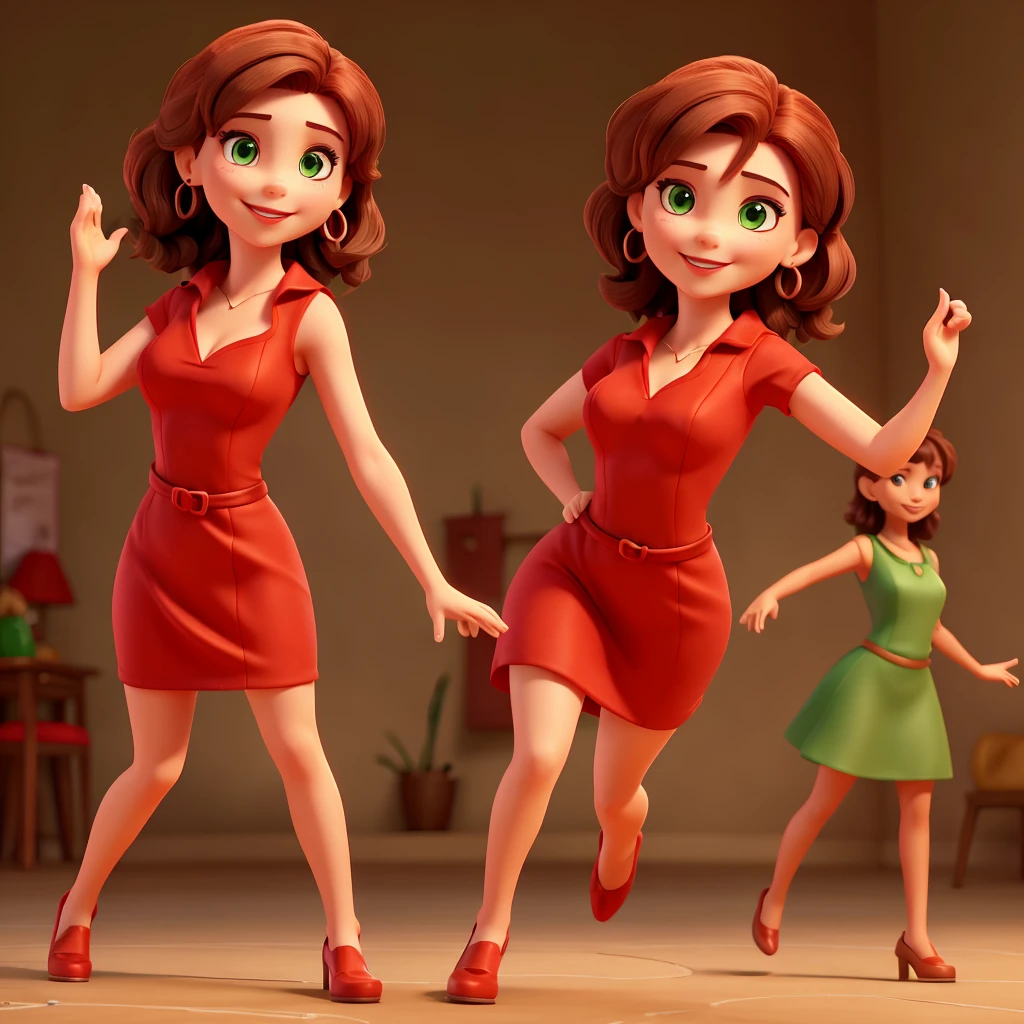 A woman with fair skin, green eyes, full lips with a smile and red lipstick, straight dark brown hair, medium size, with small earrings wearing a red dress normal body with a victory pose with one hand on the waist and the other stretched forward waving