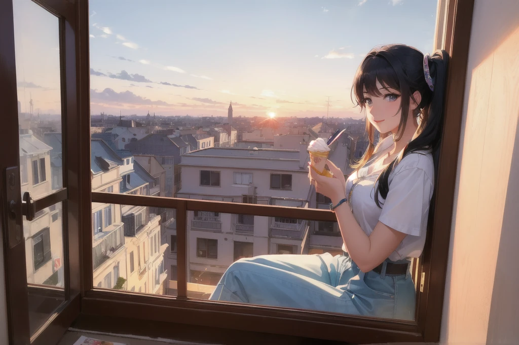 (masterpiece:1.5, best quality:1.5), ((VaporWave style, partially coloring)), close-up, from above, cinematic angle, (((vanilla))),
1girl, solo, cute smile, (hold a vanilla ice cream), gemstone decoration, long_hair, in ice cream shop, dolls were in a mess, decadent life,
pole outside the window, sunset outside the window, street outside the window, the sunset outside the window,