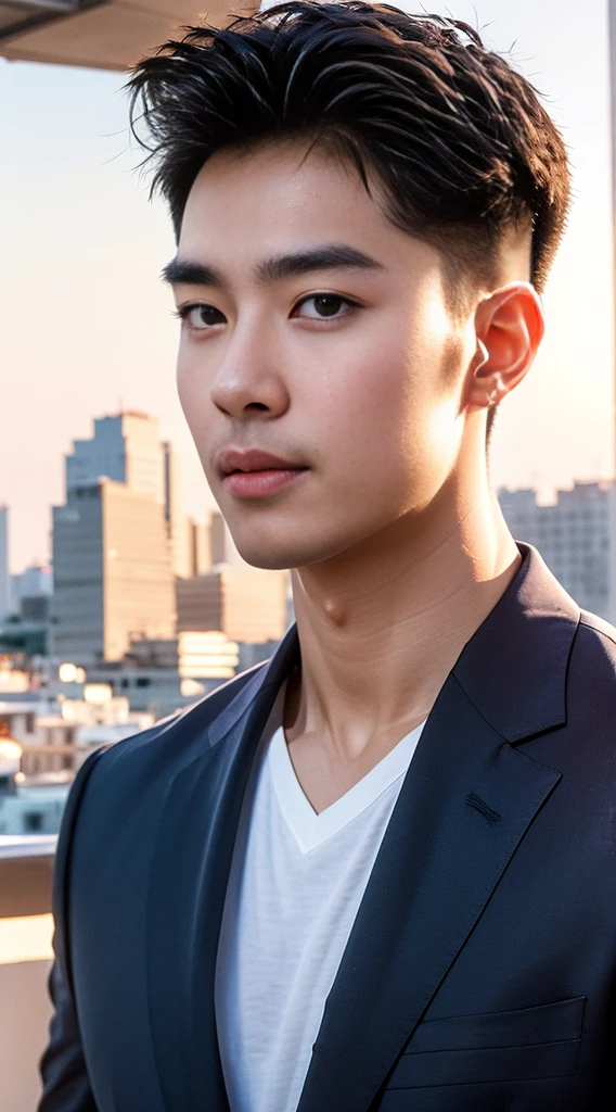 (realistically, Masterpiece, High resolution 8K, good light quality, Portrait, closed on face, complicated details), The most handsome Korean uncle., Beard,Age 40, Staring at desire, detailed face, Detailed eyes, look at the sky, shirt, suit lac suit,tick,黑Eyes, (Pale skin), body standards,brown hair, smooth hair,Big Back, Outdoor activities, evening, sunset,office room, Exaggerated, impersonal