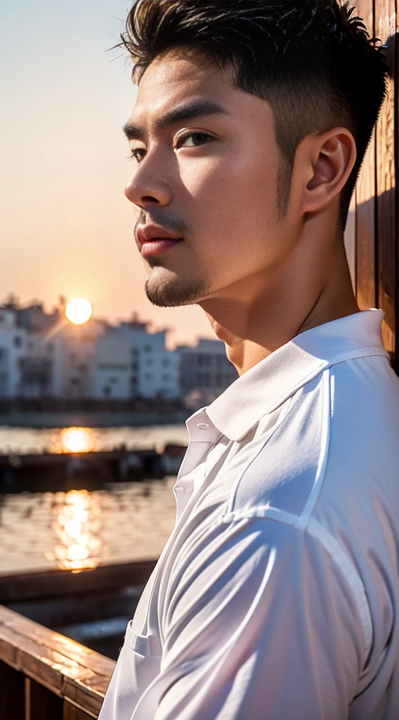 (realistically, Masterpiece, High resolution 8K, good light quality, Portrait, closed on face, complicated details), The most handsome Korean uncle., Beard,Age 40, Staring at desire, detailed face, Detailed eyes, look at the sky, shirt, suit lac suit,tick,黑Eyes, (Pale skin), body standards,brown hair, smooth hair,Big Back, Outdoor activities, evening, sunset,office room, Exaggerated, impersonal