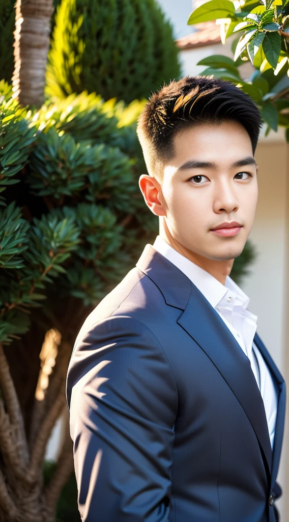 (realistically, Masterpiece, High resolution 8K, good light quality, Portrait, closed on face, complicated details), The most handsome Korean uncle., Beard，Age 40, Staring at desire, detailed face, Detailed eyes, look at the sky, shirt, suit lac suit，tick,黑Eyes, (Pale skin), body standards,brown hair, smooth hair,Big Back， Outdoor activities, evening, sunset,office room, Exaggerated, impersonal