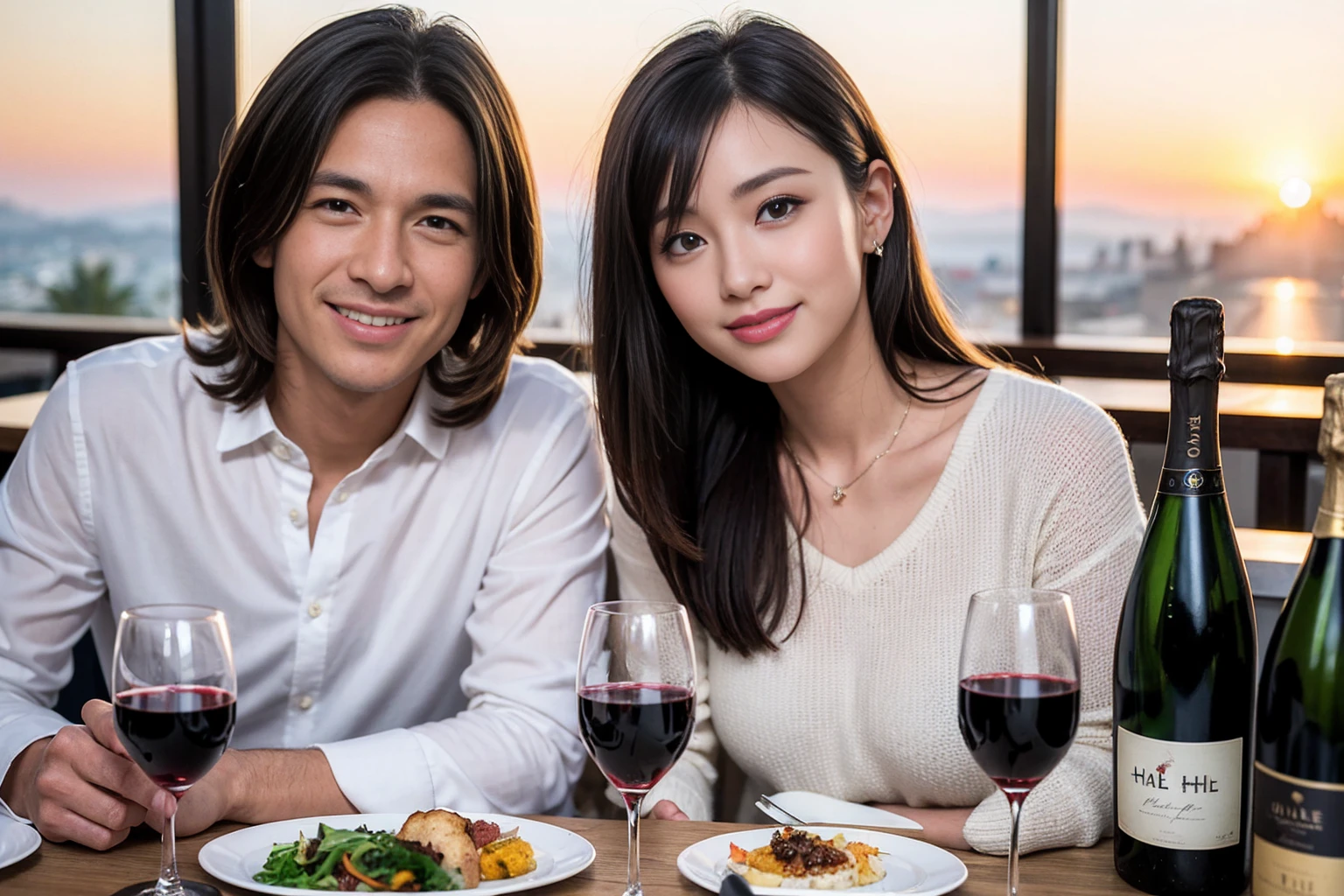 ((Highest quality、、masterpiece:1.3))、1 handsome man and 1 handsome woman、Slim Lover、Ayase Haruka、Beautiful couple、smile、full-course dinner、 (Slim face), (the body is スリム), (Brown Hair), (Shortcuts), ((Bob Hale、Straight hair:1.2)), テーブルの上のwine glass、Shine light on your face、 Amazing view of the sunset sky and clouds、smileの美しさ、Bright image、Blushing, Shortcuts, (43 years old), 39 years old、Wine bottle、Champagne、sparkling wine、Long sleeve shirt、dress、Attractive beauty、restaurant, Nova Frog Style, actress, model, Upper Body, White wine, red wine, wine glass, 