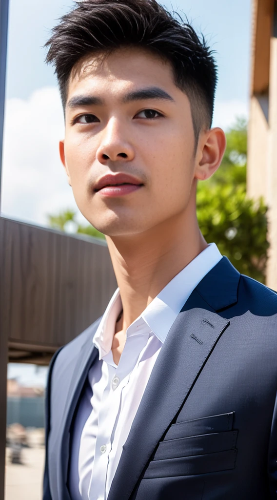 (realistically, Masterpiece, High resolution 8K, good light quality, Portrait, closed on face, complicated details), The most handsome Korean uncle., Beard，Age 40, Staring at desire, detailed face, Detailed eyes, look at the sky, shirt, suit lac suit，tick,黑Eyes, (Pale skin), body standards,brown hair, smooth hair,Big Back， Outdoor activities, evening, sunset,office room, Exaggerated, impersonal