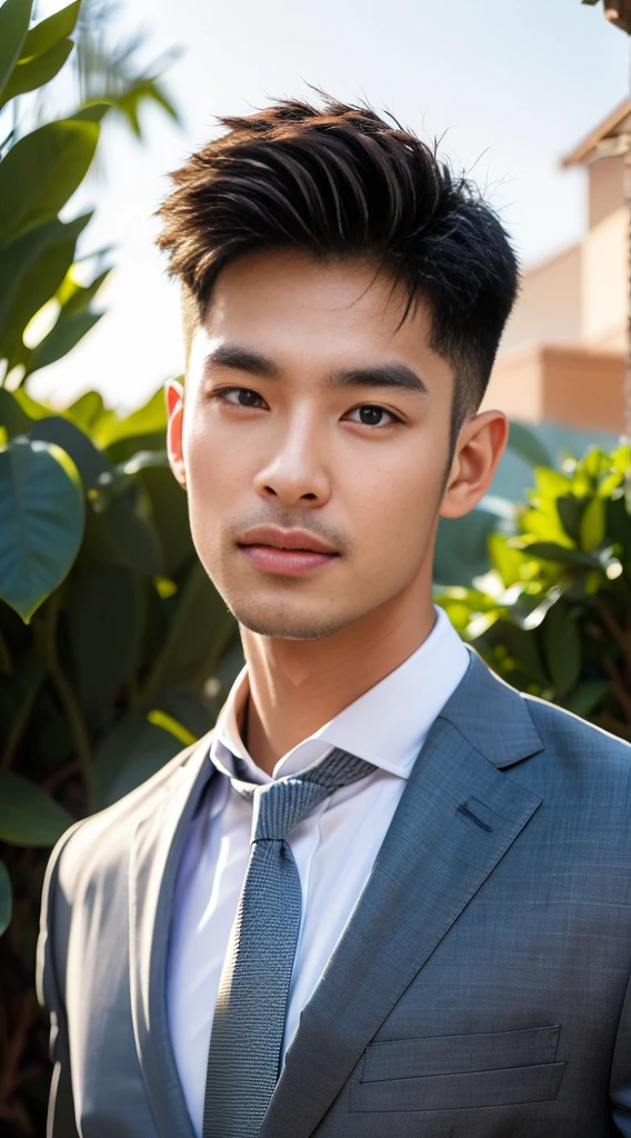 (realistically, Masterpiece, High resolution 8K, good light quality, Portrait, closed on face, complicated details), The most handsome Korean uncle., Beard,Age 40, Staring at desire, detailed face, Detailed eyes, look at the sky, shirt, suit lac suit,tick,黑Eyes, (Pale skin), body standards,brown hair, smooth hair,Big Back, Outdoor activities, evening, sunset,office room, Exaggerated, impersonal
