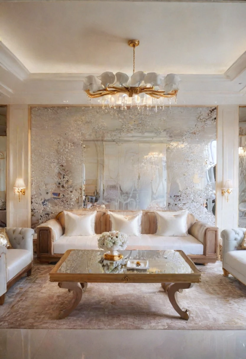 ,Masterpiece, Best quality,8K, Ultra-high resolution,When you step into the (living: 1.1) ,Immediately surrounded by a rich atmosphere of luxury. The space was covered with a soft white fluffy blanket,It is so comfortable,So much so that you can't help but indulge in it。Embellished with precious porcelain and white-off gold ornaments。Whenever it is late afternoon,The afterglow from the window spilled on the floor,Soft light and shadow are reflected,It was as if entering a dreamland. ((Wooden chair and table : 1.3)), ((COLUMN MIRROR : 1.3))