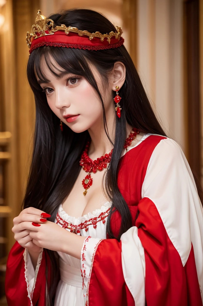 、Highest quality , sexy, Ultra-high resolution, RAW Photos, girl, indoor, White skin, Long Hair ,whole body,Black Hair、Red color clothes、Italian national costume、Red color crown、red necklace、Red wrist ornament、Red earrings、