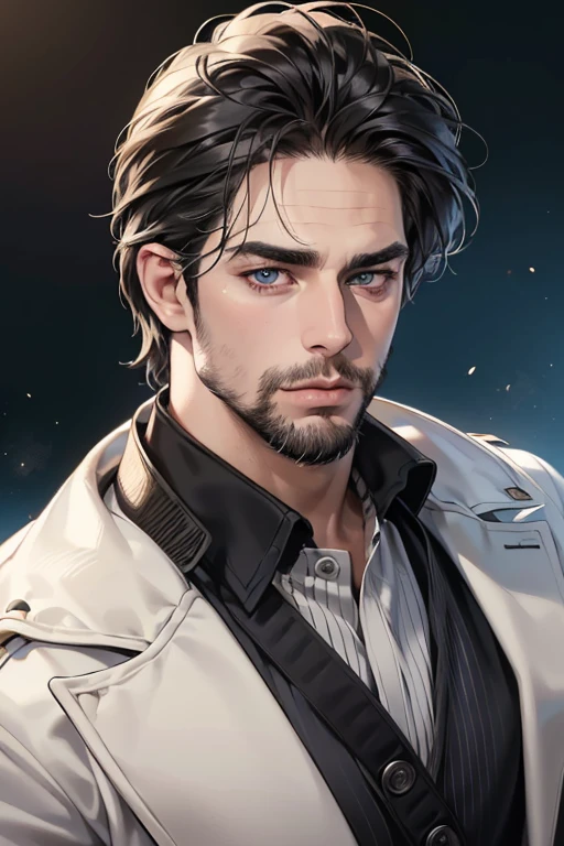 (best quality,4k,8k,highres,masterpiece:1.2),ultra-detailed,(realistic,photorealistic,photo-realistic:1.37),30 year old man,3 day beard,handsome anime,portraits,strong,masculine,dark hair,sharp jawline,mesmerizing eyes,perfectly styled hair,cool anime outfit,confident expression,vibrant colors,dynamic lighting