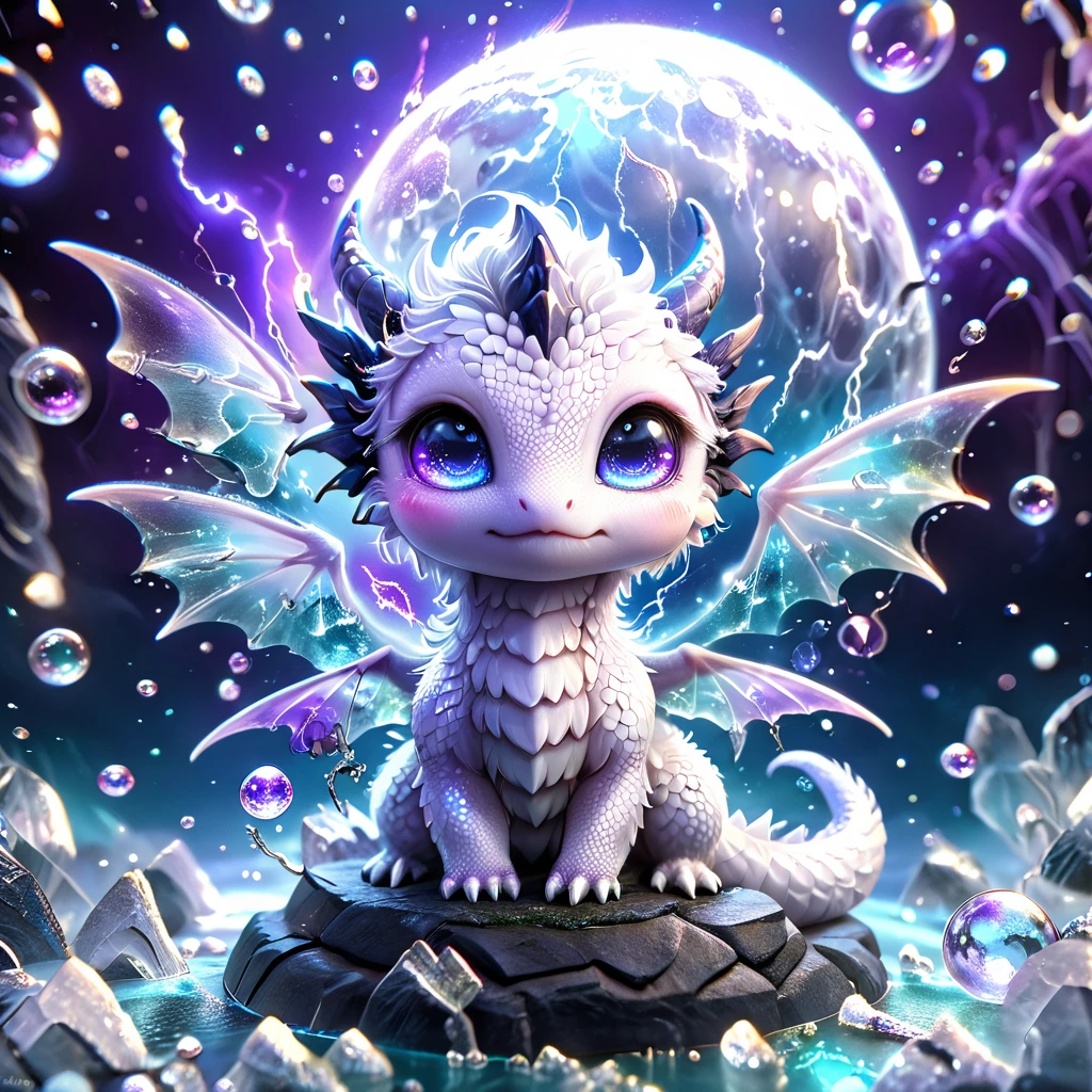 absurdres, highres, ultra detailed, HDR, master piece, best quality, crystal ball, small white dragon, expressive blue eyes, blue horns, wings, fantasy magical background, sparkling, shining, purple lightning, floating round lights, starry, void, broken glass style