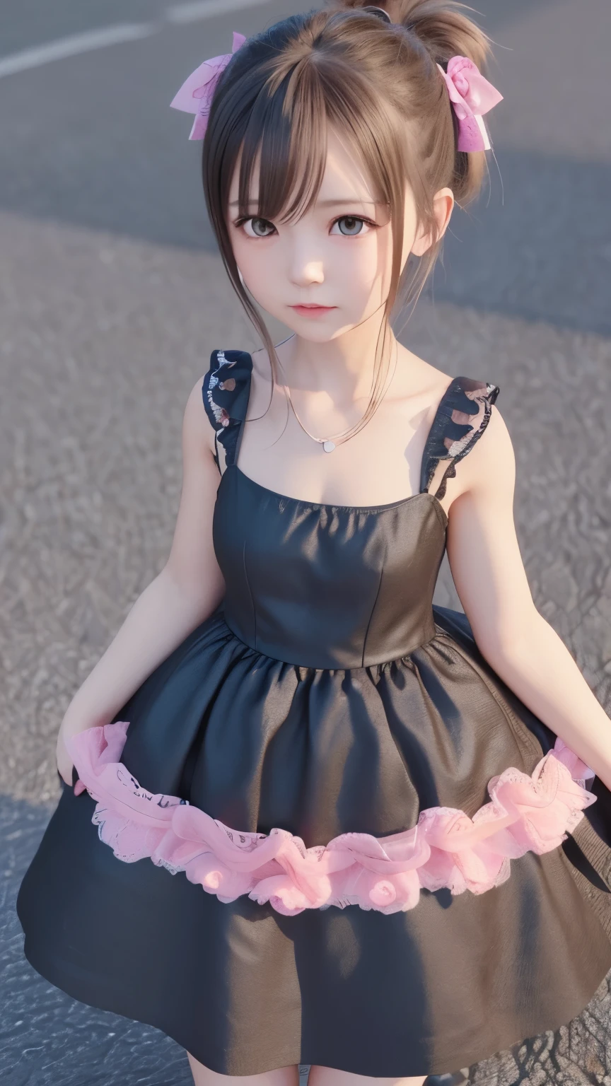 Drawing of a girl in a ponytail and dress, cute 3d rendering, cute detailed digital art, mini cute girl, cute digital painting, 3D rendering style, cute digital art, cute rendering 3d anime girl, Small Curvy , cute! C4D, One character's whole body, Standing on a white pedestal